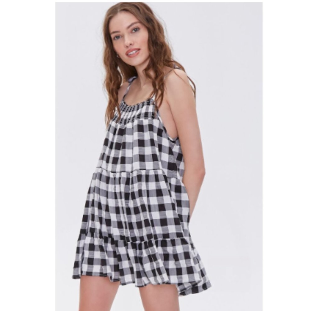 Black White Gingham Tiered Mini Swing Dress - Smocked Top & Bow Tie Straps